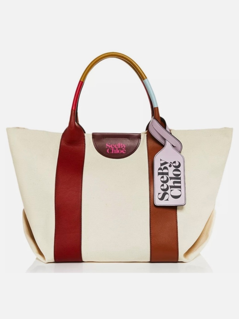 See By Chloe Laetzia Cream Canvas Tote with Red & Brown Leather Accents